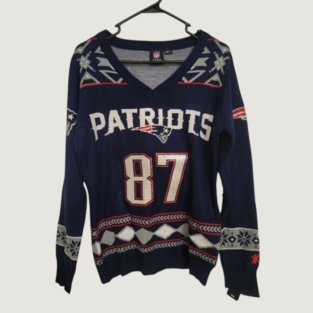 NFL Patriots Rob Gronkowski 87 Ugly Christmas Sweater Womens Large Navy NWT
